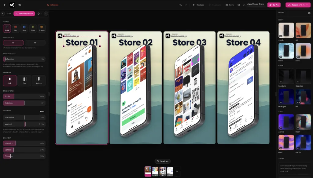 The MobileShots editor with a pack of four screenshots: four canvases side by side, each with its own screen and headline, and the numbered strip underneath.
