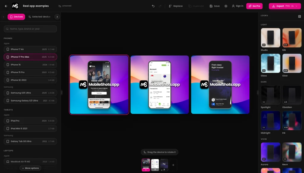 The MobileShots editor with a pack of four screenshots: four canvases side by side, each with its own screen and headline, and the numbered strip underneath.